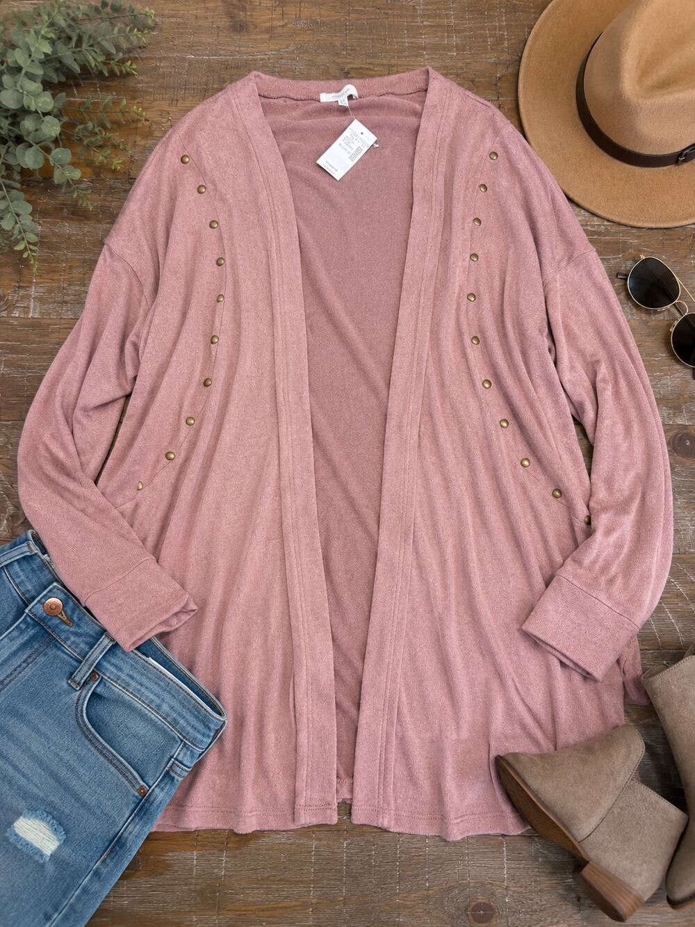 Maurices Dusty Rose Studded Open Front Cardigan Sweater Women’s Size XL